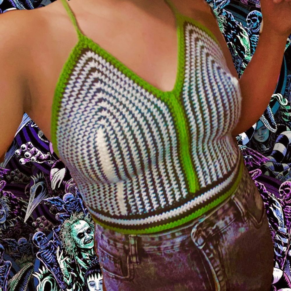Hand Crocheted Beetle Juice Inspired Top